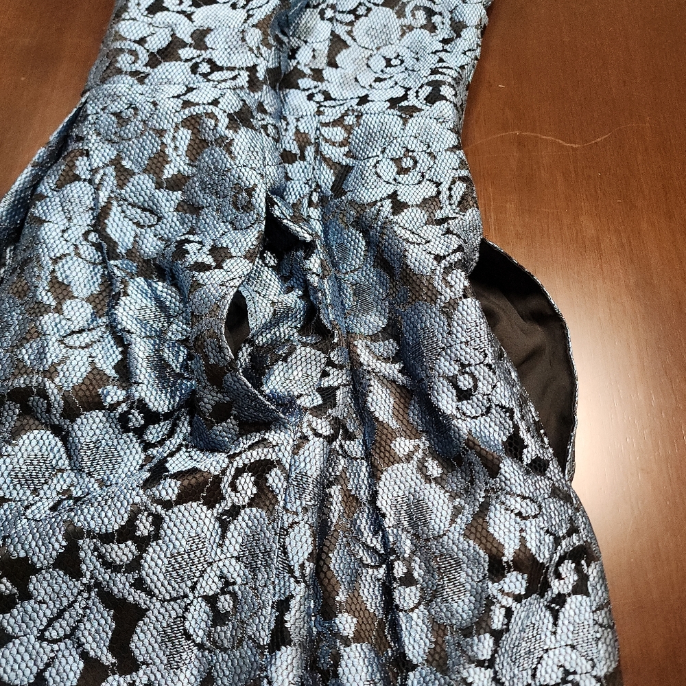 Eliza J Lace Black Blue Floral Cocktail Fit Flare Pleated Mini Dress Size 4 - Picture 12 of 17